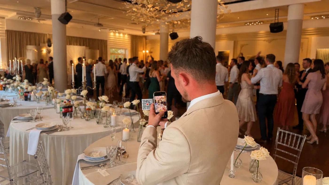 Gość fotografuje kod QR na stole weselnym telefonem