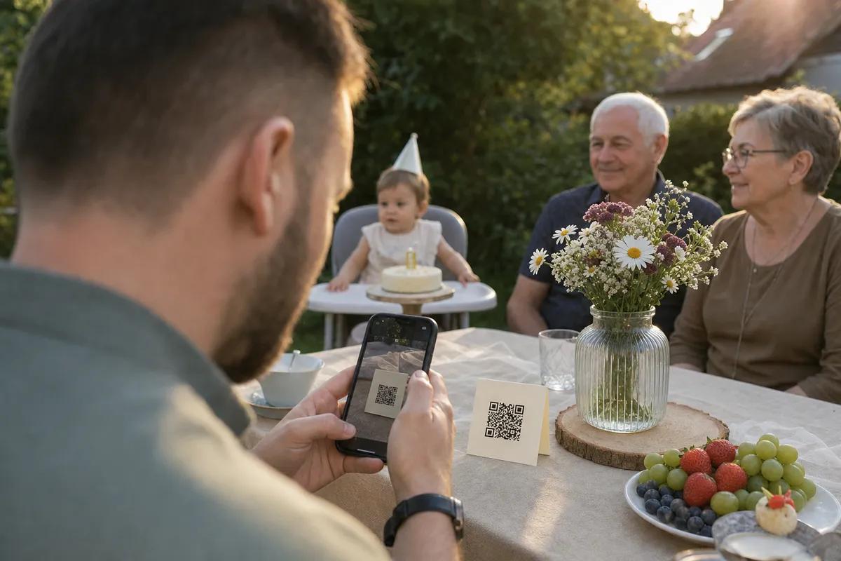 Gość skanuje telefonem kod QR z kartonika na stole, roczek