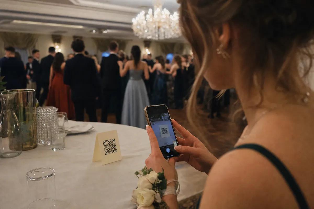 Gość skanuje telefonem kod QR z kartonika na stole, studniówka