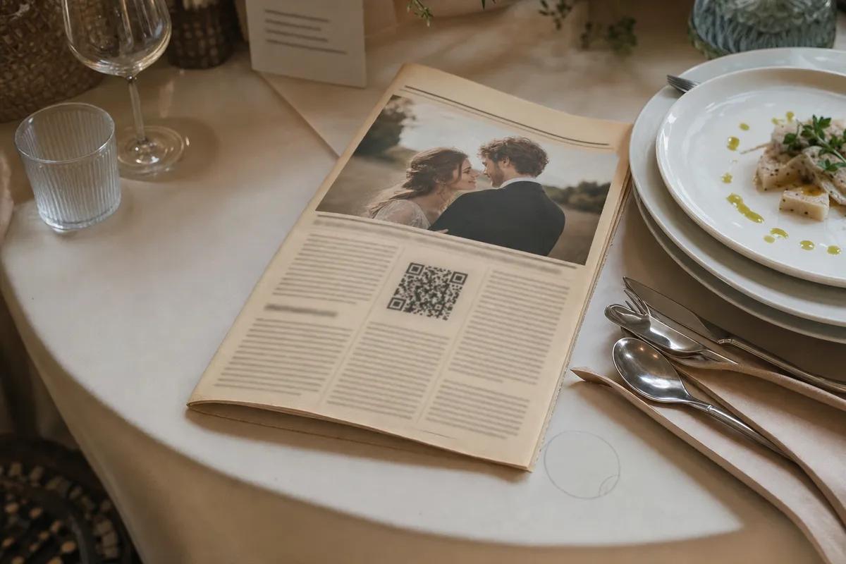 Gazetka weselna leżąca na stole, z kodem QR wydrukowanym między kolumnami tekstu