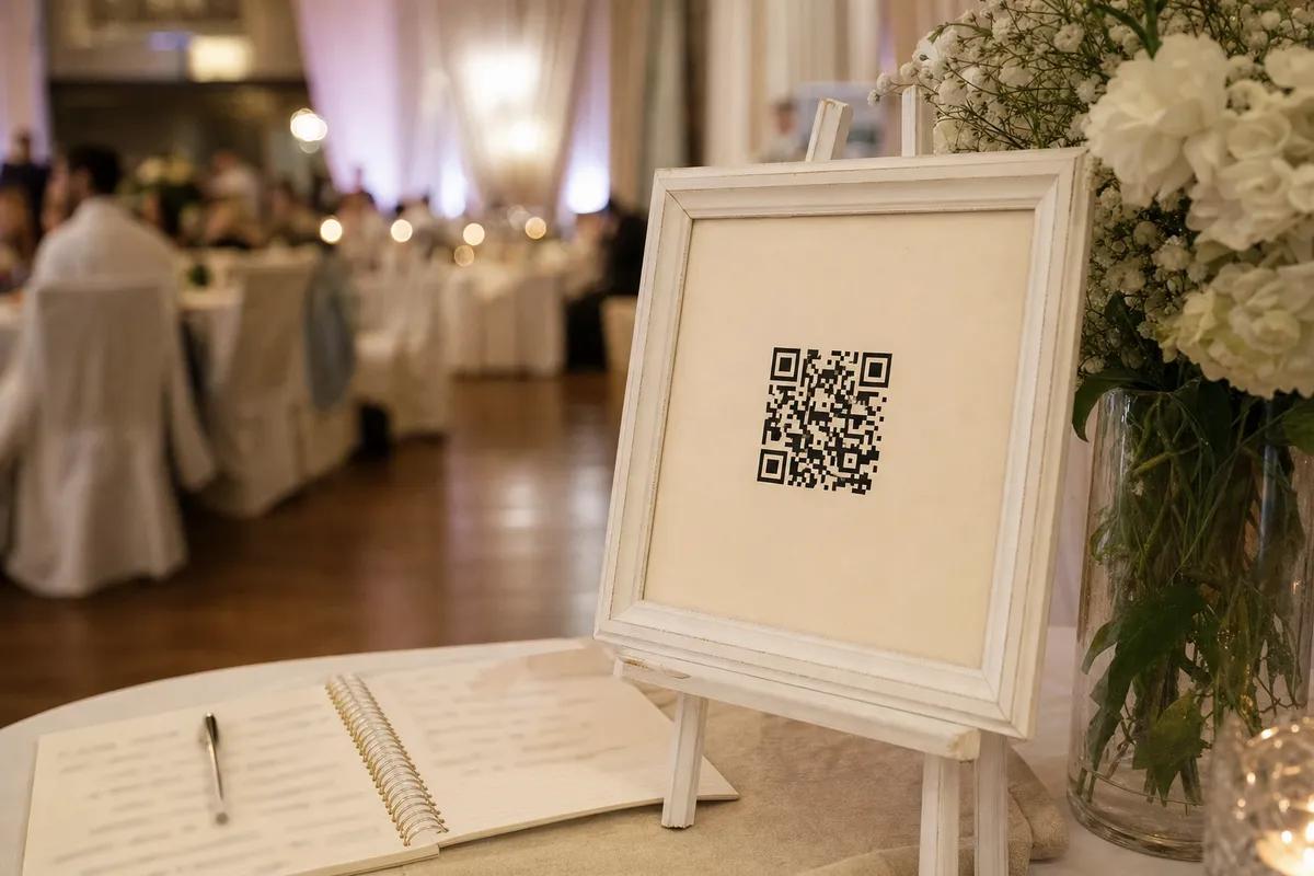 Biała ramka z kodem QR na sztaludze przy wejściu na salę weselną, obok księgi gości