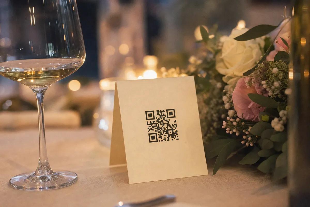 Złożona winietka z kodem QR stojąca na stole weselnym między kieliszkiem a bukietem