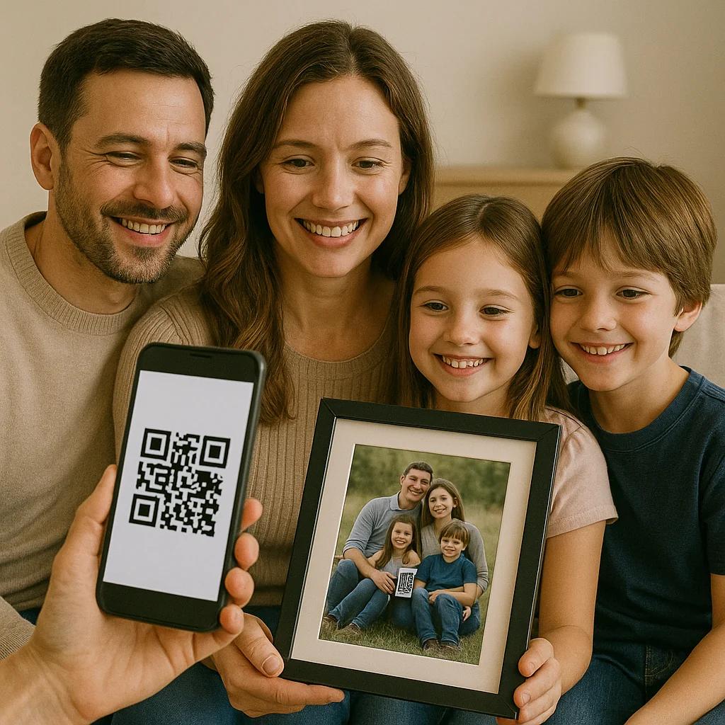 Rodina s fotkou v rámečku a QR kódem v telefonu