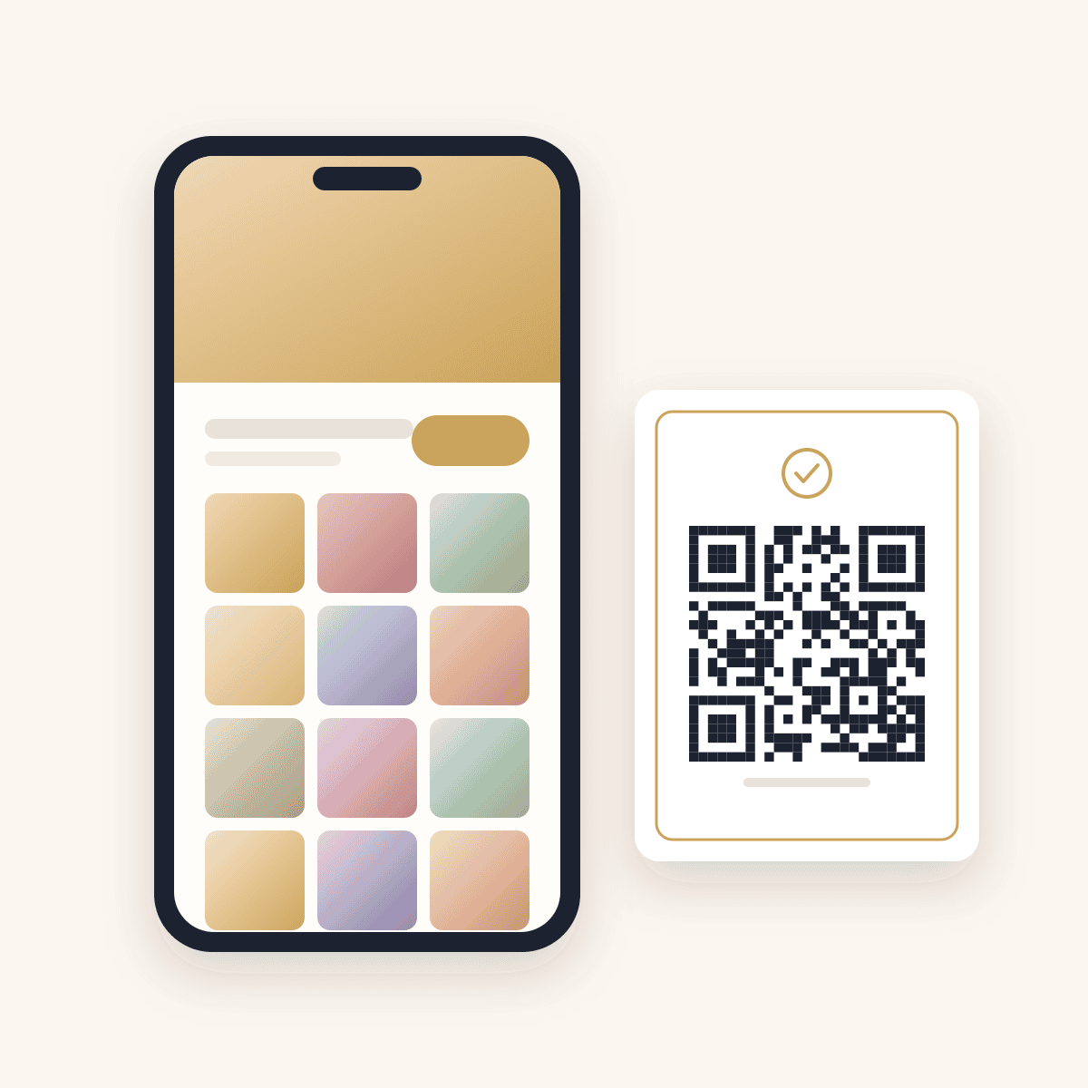 Galeria weselna Evolly na telefonie i karta z kodem QR