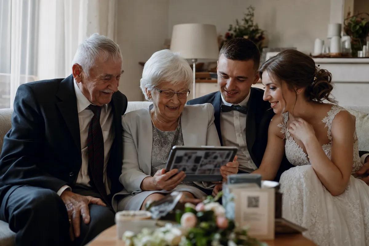 Prarodiče a mladý pár si prohlížejí svatební fotky na tabletu