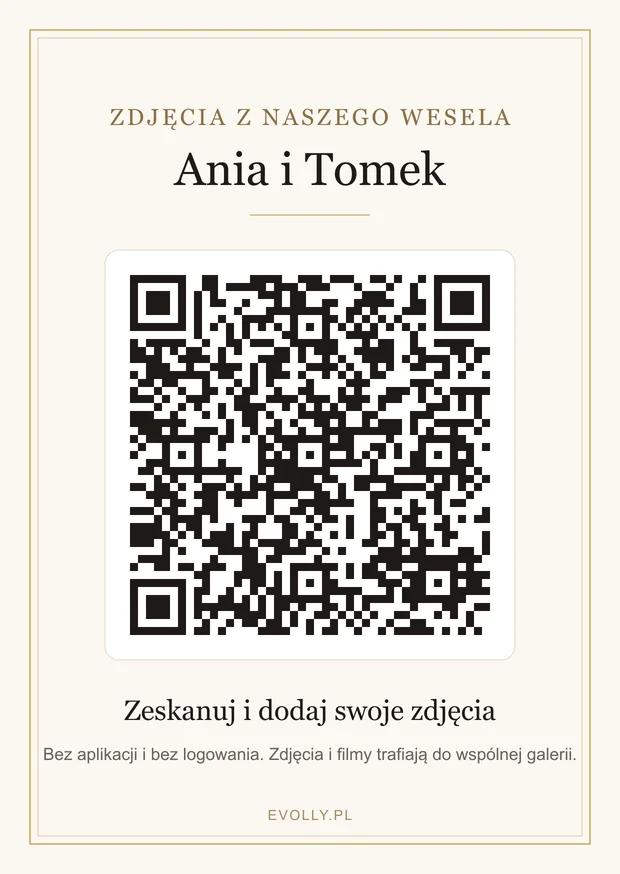 Przykładowa winietka A6 z kodem QR do galerii demo i napisem „Zeskanuj i dodaj swoje zdjęcia